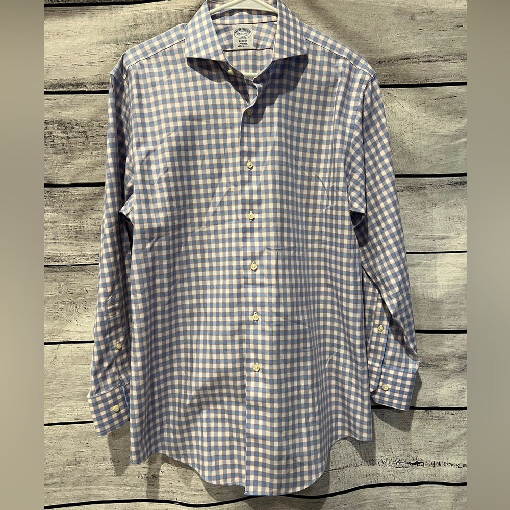 Brooks Brothers Regent Fit Blue White Plaid Dress Shirt Non-Iron All Cotton 15.5